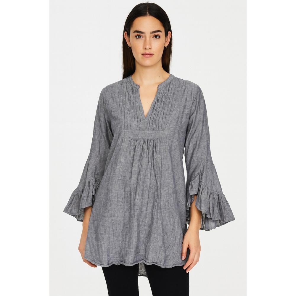 BELL by Alicia Bell Women's Gray Pleated‎ V-Neck Bell Sleeve Tunic Top Size M